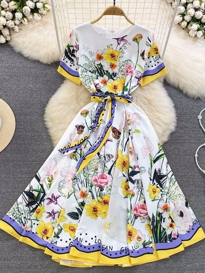 Ljetna haljina sa cvjetnim zečjim pistama Ženska haljina kratkih rukava s O izrezom, biljnim cvjetnim printom, patentnim zatvaračem, praznični remen na vezanje, Boho vestidos za plažu