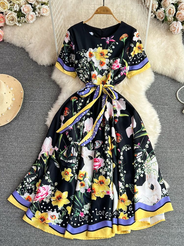 Ljetna haljina sa cvjetnim zečjim pistama Ženska haljina kratkih rukava s O izrezom, biljnim cvjetnim printom, patentnim zatvaračem, praznični remen na vezanje, Boho vestidos za plažu