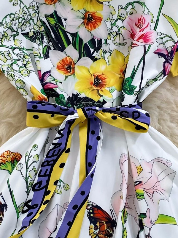 Ljetna haljina sa cvjetnim zečjim pistama Ženska haljina kratkih rukava s O izrezom, biljnim cvjetnim printom, patentnim zatvaračem, praznični remen na vezanje, Boho vestidos za plažu