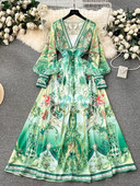 Kevadsuvi mood Luksusprinteriga šifoonist kleit naiste seksikas V-kaelaga, pikkade laternatega varrukatega, elastne vöökoht Line rüü Vestidos