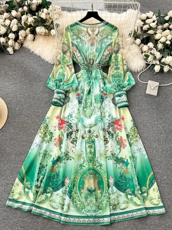 Пролетно-лятно модно шифонено рокля с луксозен принт Дамска секси рокля с V-образно деколте и дълъг ръкав-фенер с ластик на талията А-лайн халат Vestidos