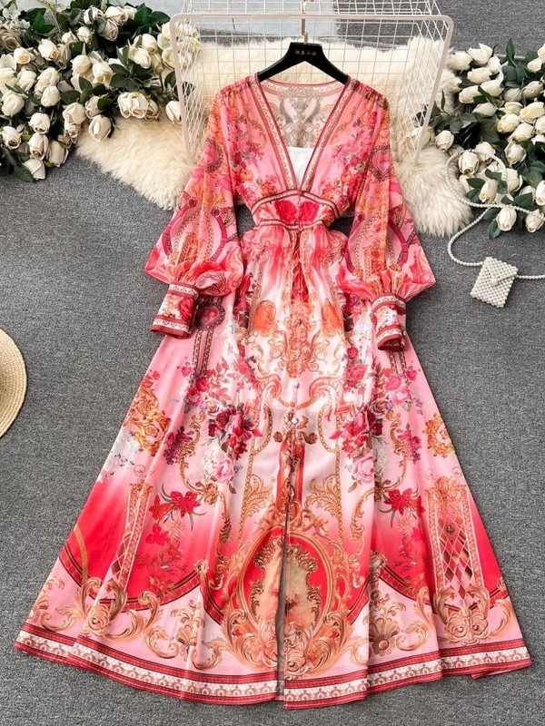 Kevadsuvi mood Luksusprinteriga šifoonist kleit naiste seksikas V-kaelaga, pikkade laternatega varrukatega, elastne vöökoht Line rüü Vestidos