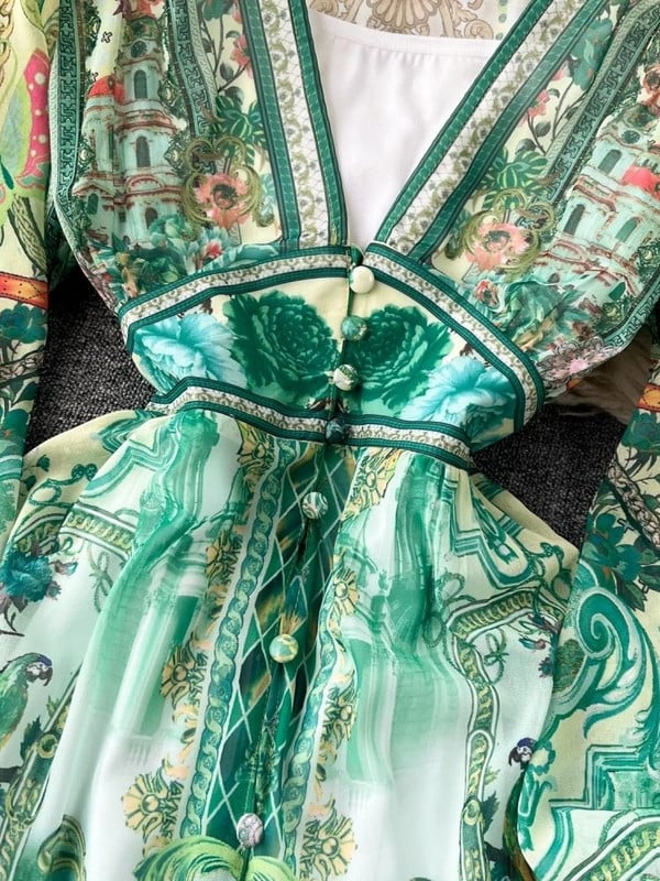 Kevadsuvi mood Luksusprinteriga šifoonist kleit naiste seksikas V-kaelaga, pikkade laternatega varrukatega, elastne vöökoht Line rüü Vestidos