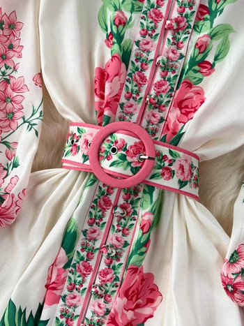 Нова модна празнична макси рокля с цветя за 2024 г. Дамска стояща яка с фенерски ръкав Копчета с флорални щампи Колан Бохо халат Vestidos