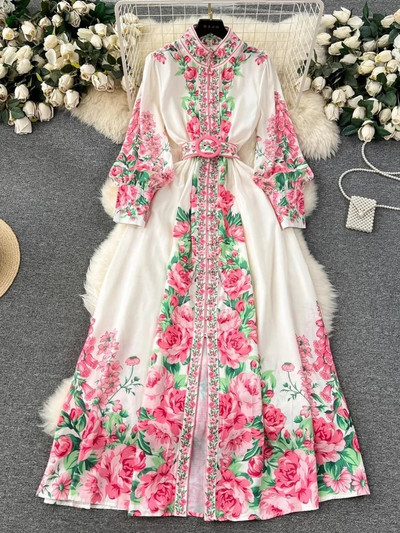 2024 New Fashion Holiday Flower Maxi Φόρεμα Γυναικεία βάση γιακά Φανάρι μανίκι με φλοράλ εμπριμέ κουμπιά Ζώνη Boho Robe Vestidos