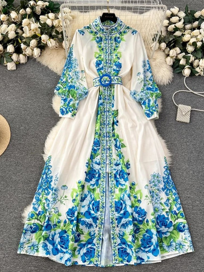 2024. aasta uus mood pühade lilleline maksikleit naiste aluskrae latern varrukas Lilledega trükitud nööbid vöö Boho rüü Vestidos