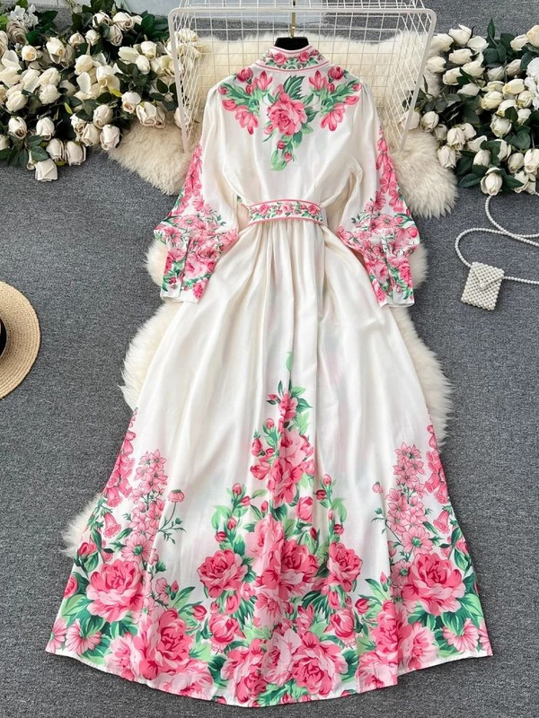 2024. aasta uus mood pühade lilleline maksikleit naiste aluskrae latern varrukas Lilledega trükitud nööbid vöö Boho rüü Vestidos