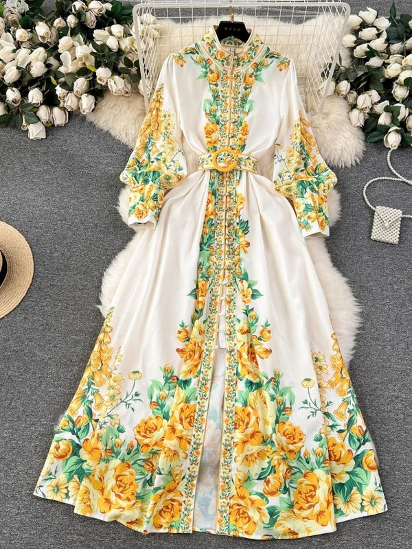 2024. aasta uus mood pühade lilleline maksikleit naiste aluskrae latern varrukas Lilledega trükitud nööbid vöö Boho rüü Vestidos