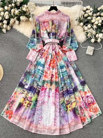 Пролетно-лятна ваканция Разкошни шифонени рокли на цветя Дамски щанд с дълъг колан с фенерски ръкави Свободна роба Vestidos с флорален принт