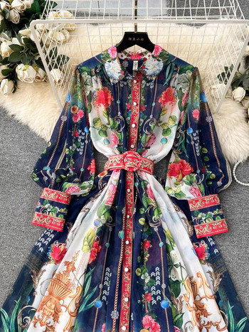 Пролетно-лятна ваканция Разкошни шифонени рокли на цветя Дамски щанд с дълъг колан с фенерски ръкави Свободна роба Vestidos с флорален принт