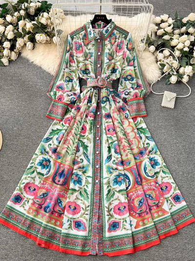 Tavaszi Nyári Ünnep Gyönyörű virágos sifon ruhák női álló hosszú lámpás ujjú öv virágmintás bő köntös Vestidos