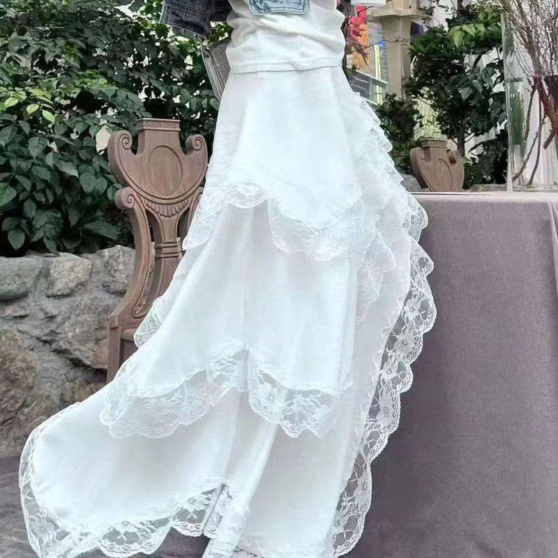 Deeptown Ruffle Lace Ebaregulaarne seelik Naiste Elegantne Boho valge A-joonega seelikud Esteetika Lapiline Korea stiilis Vintage Y2K seelik