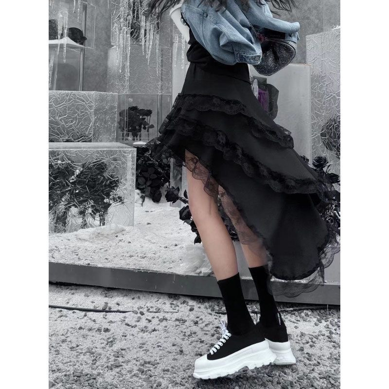 Deeptown Ruffle Lace Ebaregulaarne seelik Naiste Elegantne Boho valge A-joonega seelikud Esteetika Lapiline Korea stiilis Vintage Y2K seelik