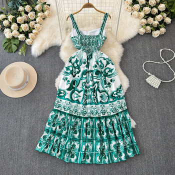 JAMERARY Runway Floral Print Зелено-бяла порцеланова дълга макси лятна празнична рокля Дамски сарафан с презрамки Плажен еластичен гръб