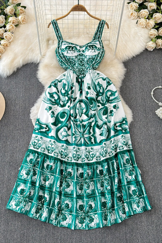 JAMERARY Runway Floral print Πράσινη Λευκή πορσελάνη Μακρύ μάξι καλοκαιρινό γιορτινό γυναικείο λουράκι Sundress Beach Ελαστική πλάτη