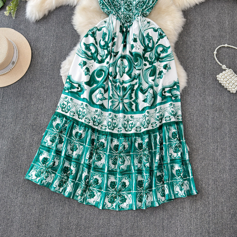 JAMERARY Runway Floral print Πράσινη Λευκή πορσελάνη Μακρύ μάξι καλοκαιρινό γιορτινό γυναικείο λουράκι Sundress Beach Ελαστική πλάτη