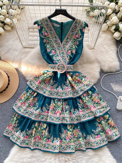 Καλοκαιρινό Bohemian Flower Cascading Ruffles Φόρεμα για τούρτα Γυναικείο αμάνικο V λαιμόκοψη Floral στάμπα με κορδέλα επάνω ζώνη Γόνατο Boho Tank Vestido