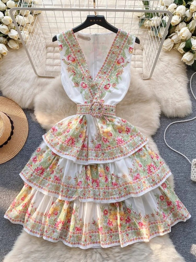 Καλοκαιρινό Bohemian Flower Cascading Ruffles Φόρεμα για τούρτα Γυναικείο αμάνικο V λαιμόκοψη Floral στάμπα με κορδέλα επάνω ζώνη Γόνατο Boho Tank Vestido