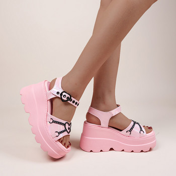 Летни сладки розови сандали на танкетка Дамски готически сандали с катарама и масивна платформа Дамски пънк обувки Лолита с дебело дъно Плюс размер