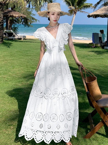 Лятна ваканционна плажна памучна рокля с издълбана дамска рокля без ръкави с V-образно деколте и волани, бродерия, цветя, ръбове, парти, дълги дрехи