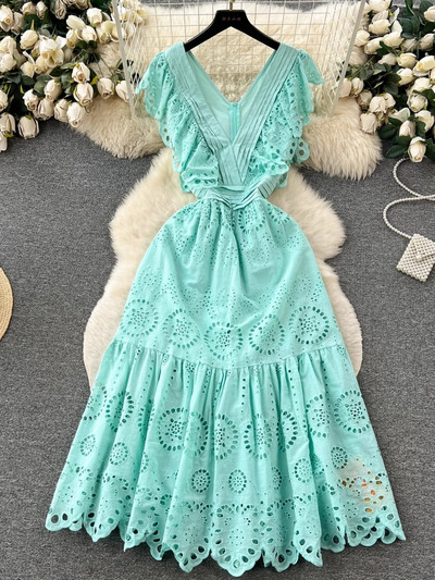 Suvepuhkus, õõnsad puuvillased riided, naiste varrukateta kleit, V-kaelusega volangid, tikandid, lilleääred, pidulikud pikad vestid