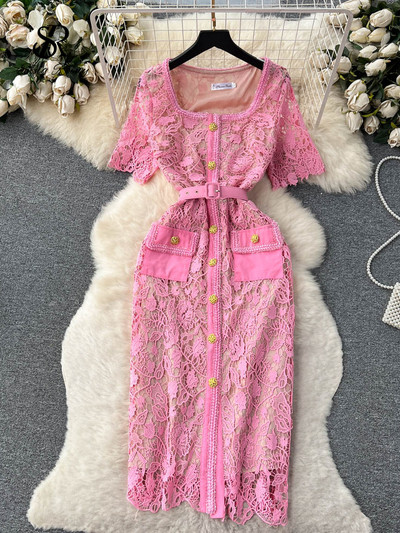 SINGREINY France Rochie vintage senior pentru femei, guler pătrat, mâneci scurte, buzunare pentru curea, broderie, rochie de petrecere elegantă de înaltă calitate