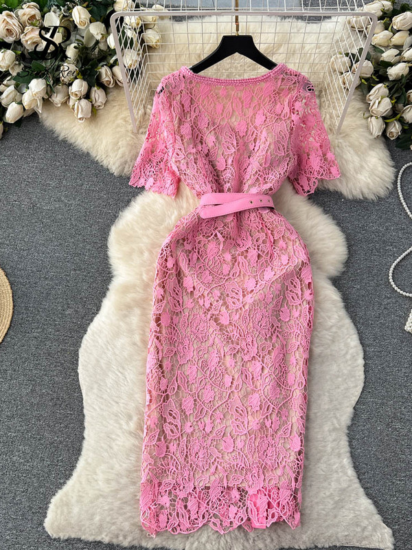 SINGREINY France Rochie vintage senior pentru femei, guler pătrat, mâneci scurte, buzunare pentru curea, broderie, rochie de petrecere elegantă de înaltă calitate