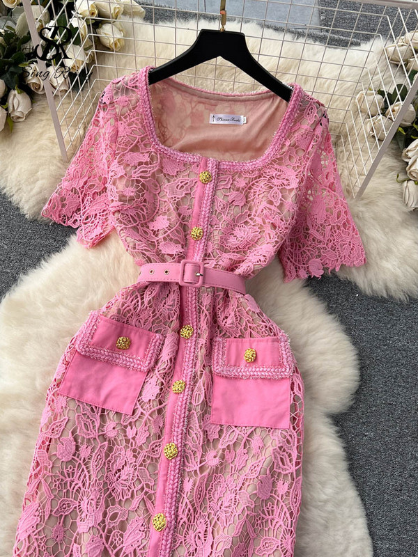 SINGREINY France Rochie vintage senior pentru femei, guler pătrat, mâneci scurte, buzunare pentru curea, broderie, rochie de petrecere elegantă de înaltă calitate