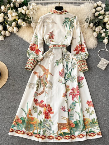 Нова модна празнична рокля Bohemain 2024 г. Дамска рокля с дълъг фенер с ръкав, едноредна роба с колан с принт на цветя и птици, макси риза