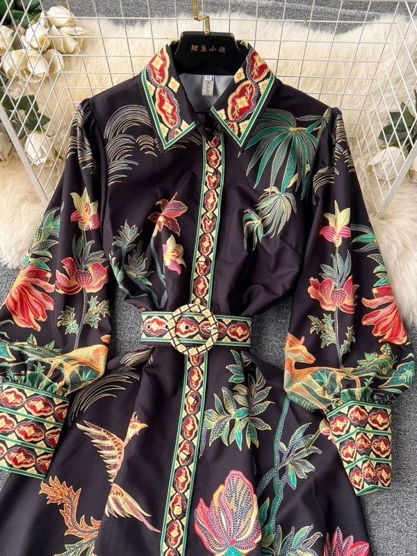 Νέα μόδα 2024 Bohemain γιορτινό φόρεμα Γυναικείο μακρυμάνικο φανάρι με μονό στήθος Flower Birds Ρόμπα Maxi Vestido