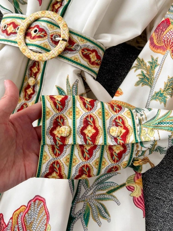 Νέα μόδα 2024 Bohemain γιορτινό φόρεμα Γυναικείο μακρυμάνικο φανάρι με μονό στήθος Flower Birds Ρόμπα Maxi Vestido