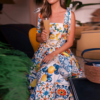 Ново лято 2024 г. Дамско облекло със средна дължина, сладка полиестерна рокля с щампи и връзки