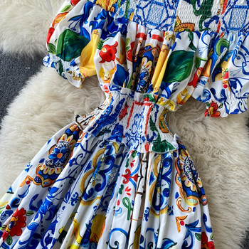 Модна лятна бохемска порцеланова миди рокля с щампи на цветя Дамска рокля с издути ръкави с отворени рамене и еластична талия.