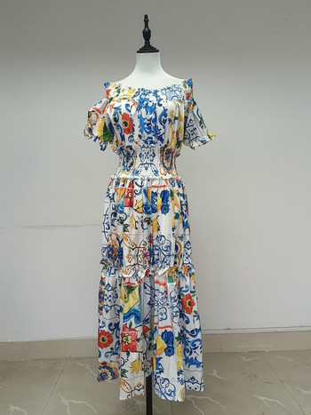 Модна лятна бохемска порцеланова миди рокля с щампи на цветя Дамска рокля с издути ръкави с отворени рамене и еластична талия.