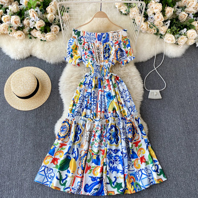 Rochie midi de porțelan boemă cu flori imprimate la modă de vară, rochie de pistă cu mâneci bufante, cu umăr dezactivat, cu talie elastică