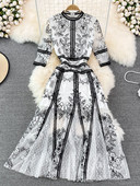 Rochie cu broderie neagră cu flori de modă pentru femei, vintage, talie înaltă, subțire, decolteu O, cu jumătate de mânecă, mozaic, rochii lungi elegante din plasă albă