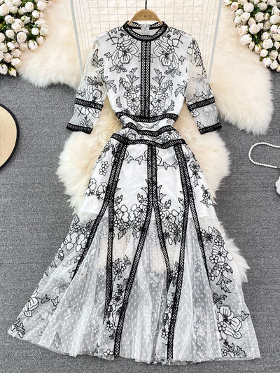 Rochie cu broderie neagră cu flori de modă pentru femei, vintage, talie înaltă, subțire, decolteu O, cu jumătate de mânecă, mozaic, rochii lungi elegante din plasă albă