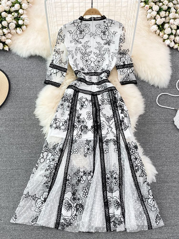 Rochie cu broderie neagră cu flori de modă pentru femei, vintage, talie înaltă, subțire, decolteu O, cu jumătate de mânecă, mozaic, rochii lungi elegante din plasă albă