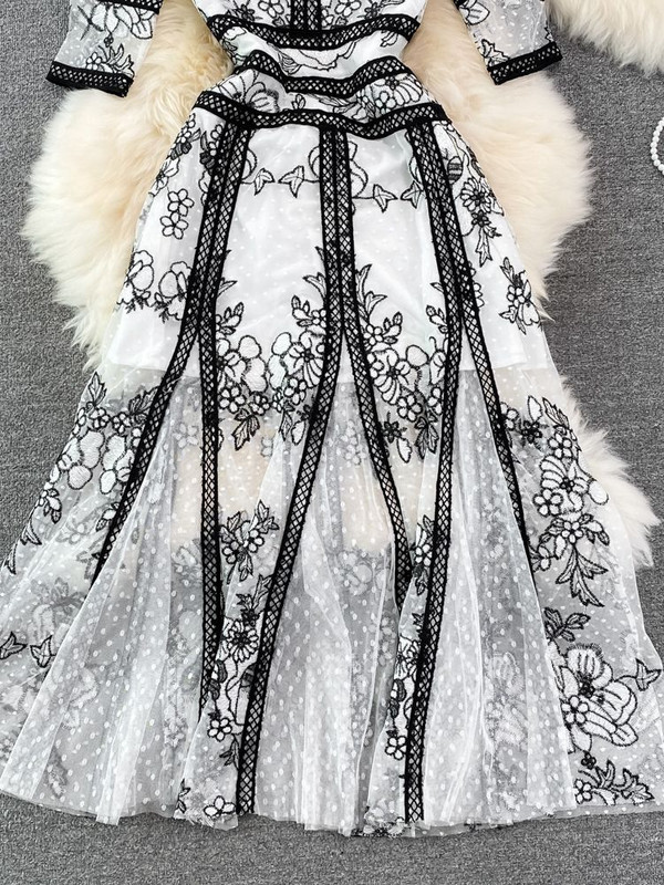 Rochie cu broderie neagră cu flori de modă pentru femei, vintage, talie înaltă, subțire, decolteu O, cu jumătate de mânecă, mozaic, rochii lungi elegante din plasă albă