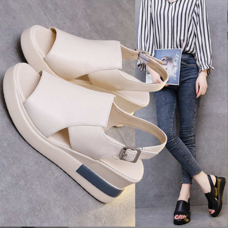 Sandale na klin s debelim potplatom Ženske nove ljetne cipele za 2022. Ženske cipele s visokom potpeticom s ribljim ustima Meke kožne cipele s visokom platformom Papuče