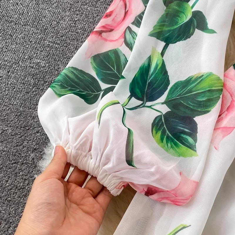 Suvise roosi lilleline Bohemian Maxi kleit naiste kaldkriipsu kaelusega laterna varrukatega seljata polsterdatud tass Lilletrükiga ranna pikad hommikumantlid 326