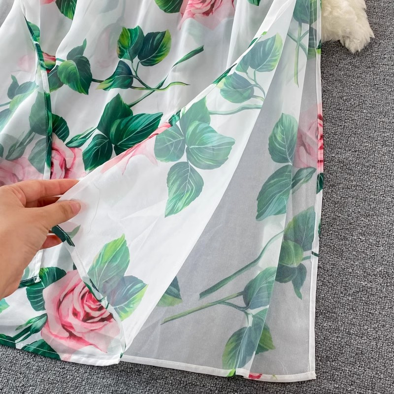 Suvise roosi lilleline Bohemian Maxi kleit naiste kaldkriipsu kaelusega laterna varrukatega seljata polsterdatud tass Lilletrükiga ranna pikad hommikumantlid 326