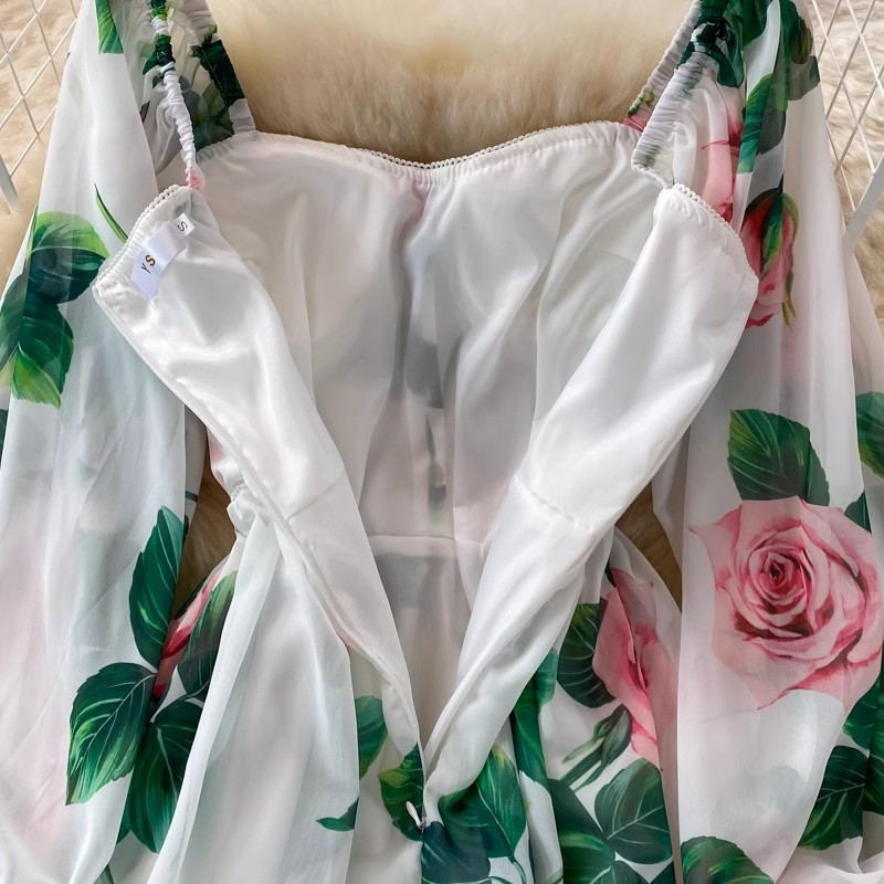 Suvise roosi lilleline Bohemian Maxi kleit naiste kaldkriipsu kaelusega laterna varrukatega seljata polsterdatud tass Lilletrükiga ranna pikad hommikumantlid 326