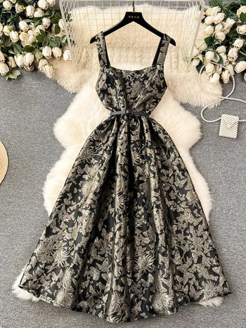 Нова дамска лятна жакардова рокля на цветя 2024 г. Проста спагети презрамка с наклонено деколте без ръкави Тънък елегантен парти халат Vestidos