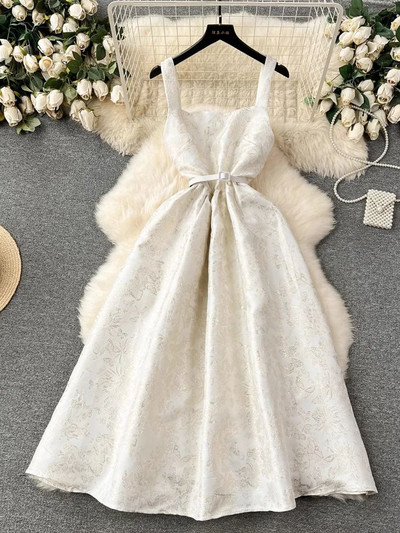 2024 rochie nouă de vară cu flori jacquard pentru femei, cu bretele spaghetti, fără mâneci, subțire, elegantă, pentru petrecere.