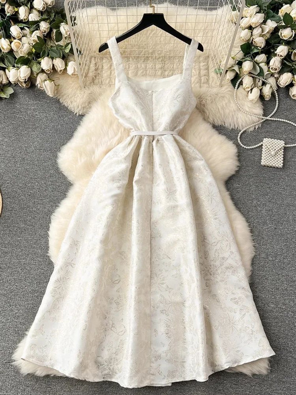 2024 rochie nouă de vară cu flori jacquard pentru femei, cu bretele spaghetti, fără mâneci, subțire, elegantă, pentru petrecere.