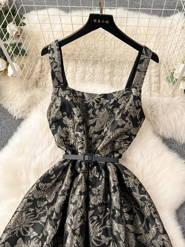 2024 rochie nouă de vară cu flori jacquard pentru femei, cu bretele spaghetti, fără mâneci, subțire, elegantă, pentru petrecere.