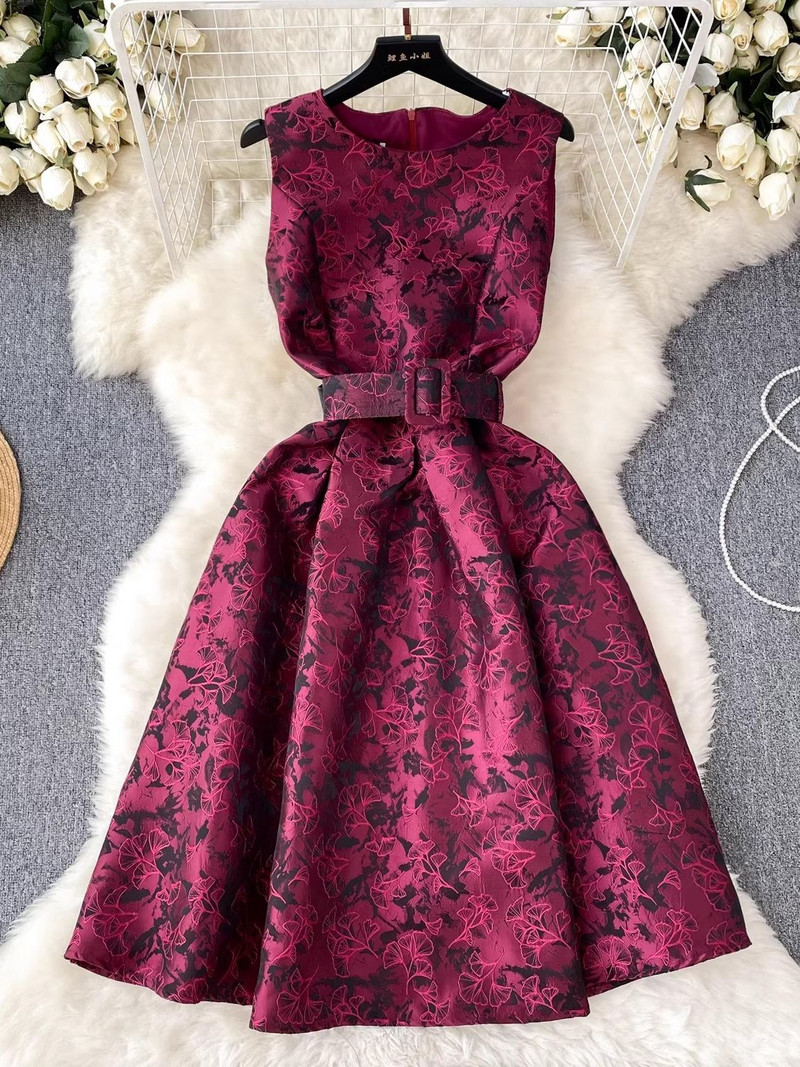 Elegantne sügisene õhtupeokleit, naiste varrukateta jacquard-kleit, lillega punutud kaelarihm kõrge vöökohaga vest Midi Vestidos