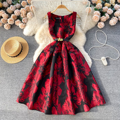 Γυναικείο φόρεμα δικαστηρίου με φλοράλ εμπριμέ τετράγωνο γιακά αμάνικο Γυναικείο Vestidos De Mujer Φόρεμα μακριά με ζώνη Dropship