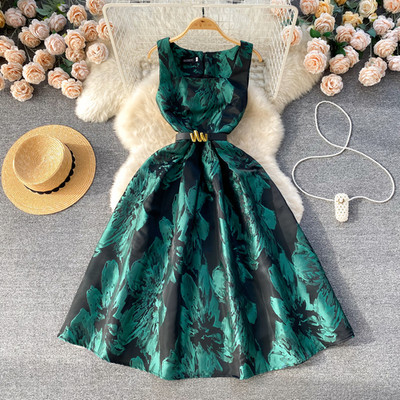 Γυναικείο φόρεμα δικαστηρίου με φλοράλ εμπριμέ τετράγωνο γιακά αμάνικο Γυναικείο Vestidos De Mujer Φόρεμα μακριά με ζώνη Dropship